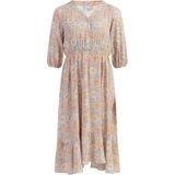 Usha - Jurk - Crème - Lichtblauw - Pastelgeel - Pastelroze - V-hals - Bloemenprint - 3/4 Lengte