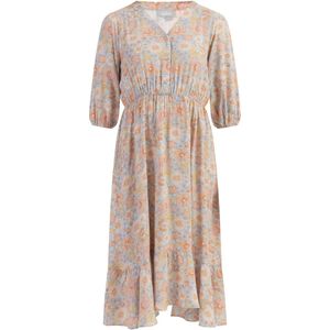 Usha - Jurk - Crème - Lichtblauw - Pastelgeel - Pastelroze - V-hals - Bloemenprint - 3/4 Lengte