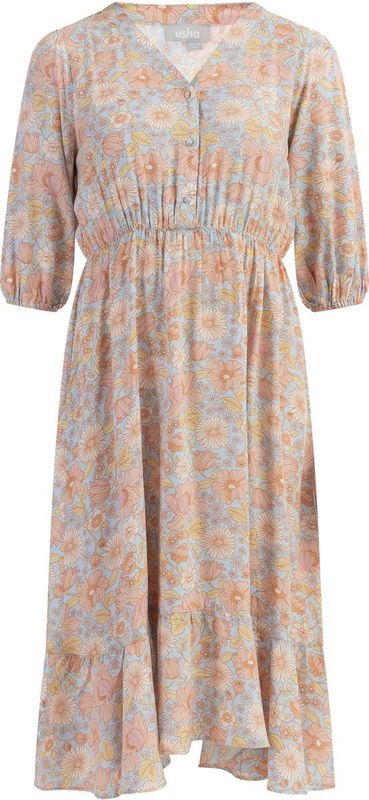 Usha - Jurk - Crème - Lichtblauw - Pastelgeel - Pastelroze - V-hals - Bloemenprint - 3/4 Lengte
