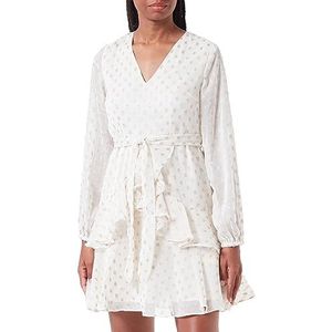 faina - Damesjurk - Wolwit met Gouden Stippen - Borduurwerk - Midijurk