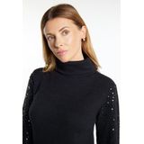 usha - BLACK LABEL - Gebreide Jurk - Zwart - Extra Lange Mouwen, Col Halstype, Effen Motief, Pailletten