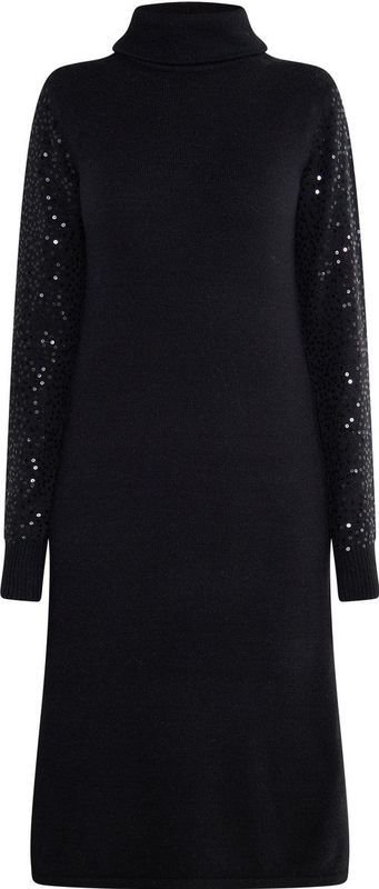 usha - BLACK LABEL - Gebreide Jurk - Zwart - Extra Lange Mouwen, Col Halstype, Effen Motief, Pailletten