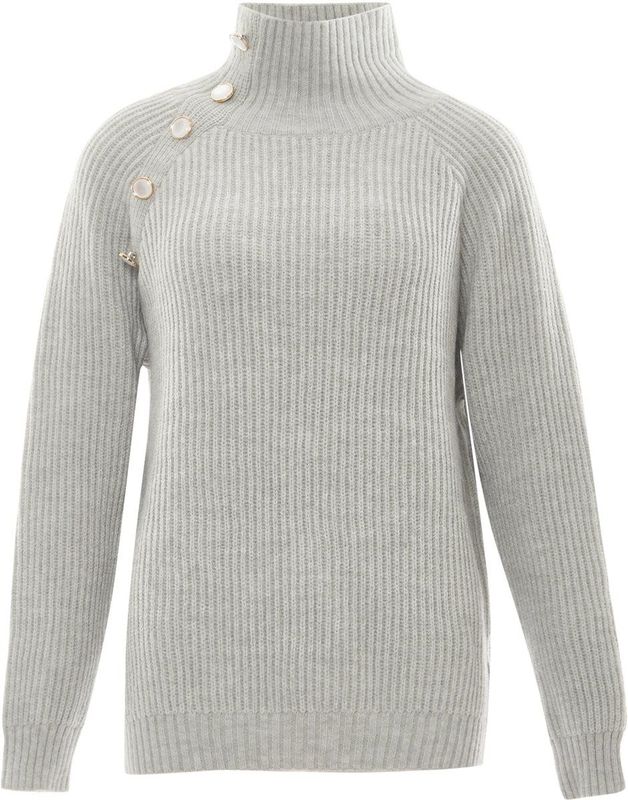 faina Gebreide damestrui met opstaande kraag en knopen, acryl, lichtgrijs, gemêleerd, maat M/L, lichtgrijs, gemêleerd, M