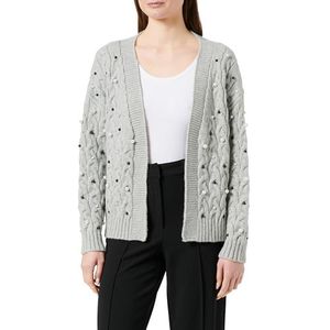 faina Dames gebreide jas met V-hals en parelversiering acryl lichtgrijs melange maat XS/S, lichtgrijs, gemêleerd, XS