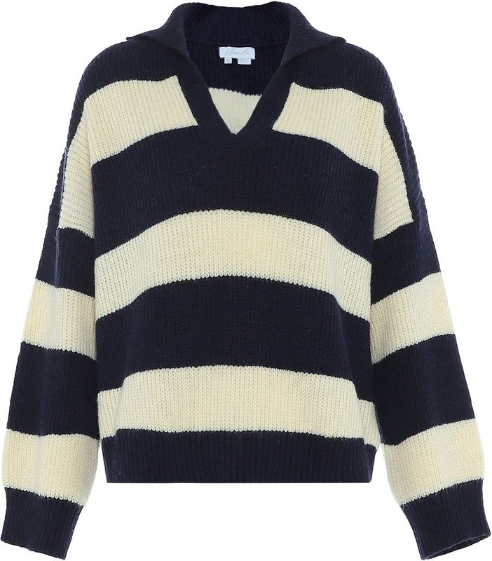 Blonda - Oversized Gestreepte Trui - Marine Wolwit - Acryl