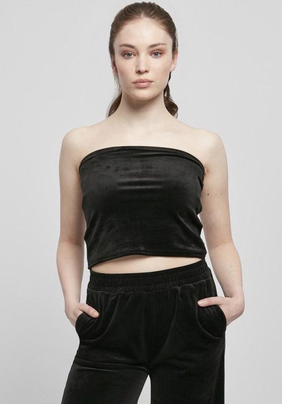 Urban Classics - Fluwelen Crop Top - Zwart - Stretch Fluweel - Slim Fit