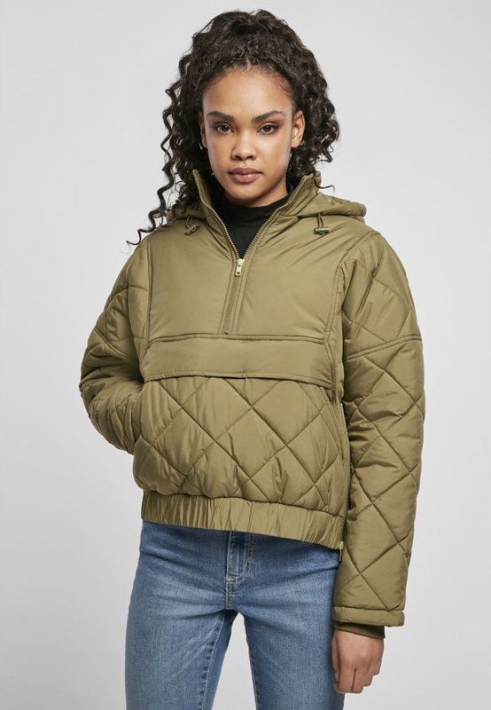 Urban Classics Windbreaker winterjas voor dames, met ritssluiting, capuchon en sierklep, ruitpatroon, maat XS tot 5XL, tiniolive, XS