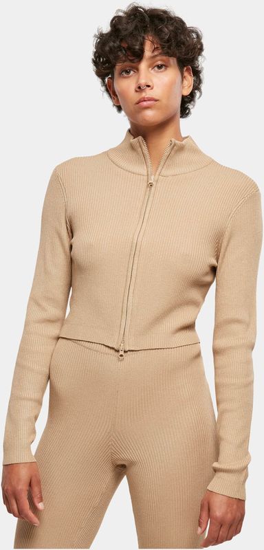 Urban Classics - Cropped Rib Knit Zip Cardigan - Beige