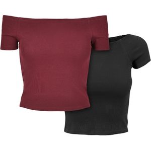 Urban Classics - Rib Tee 2-Pack Off shoulder top - Bordeaux rood Zwart