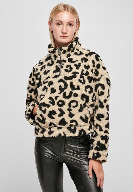 Urban Classics - Sweatshirt - Lichtbeige/Zwart - Dierenprint - Halve Rits
