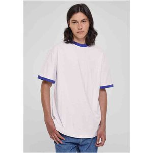 Urban Classics Ringer Tee heren oversized dubbellaags heren T-shirt zwart vogel zwart zwart S tot 5XL, wit/koningsblauw