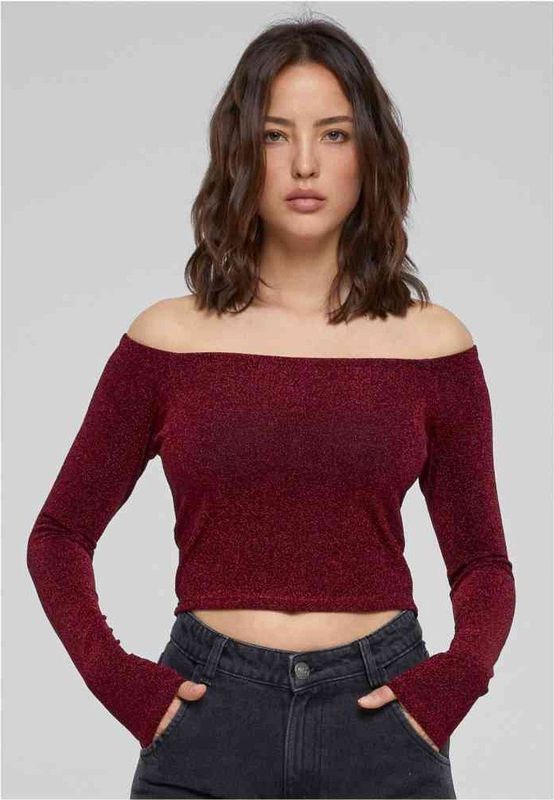 Urban Classics - Off Shoulder Glitter Longsleeve Top - Bordeaux Rood