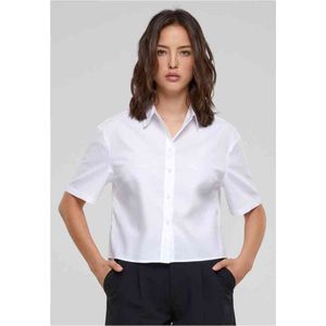 Urban Classics - Klassieke Blouse - Wit - Katoen - Effen, Kentkraag, Halve Mouw