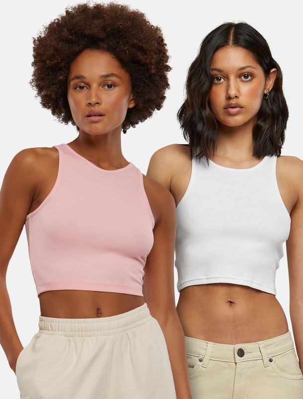 URBAN CLASSICS - Cropped Rib Top - 2-Pack - Lemonade Pink - Wit - Katoen