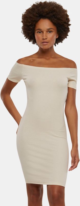 Urban Classics - Geribde Off-Shoulder Jurk - Wit Zand - Damesjurk