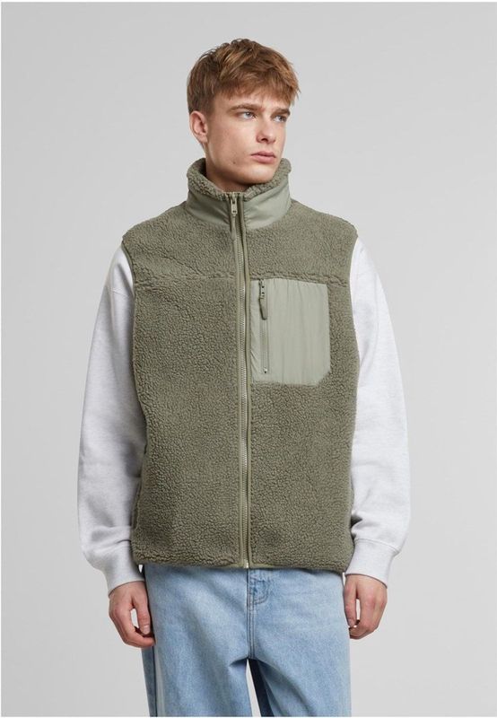 Urban Classics - Sherpa Vest - Palegreen - Herenvest met Hoge Kraag en Voorkant met Ritssluiting