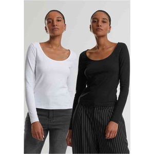 Urban Classics Damesshirt met lange mouwen, brede hals, 2-pack, stretch shirt met lange mouwen en brede hals, slim fit, zwart + wit, 3XL