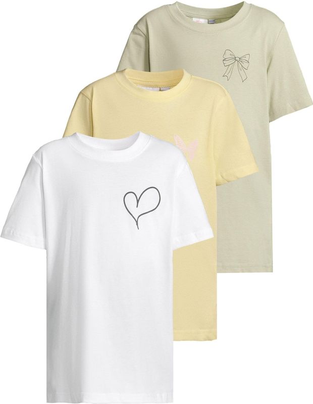 Urban Classics Uck7916b T-shirt 3-pack korte mouwen Bow & Butterfly & Heart T-shirt, wit + softsala + zacht geel, 110 cm-116 cm voor meisjes en jongens, wit+zachte zalf+zacht geel, 110-116