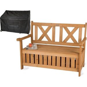 needs&wants® Gartenbank Holz wetterfest mit Stauraum, Truhenbank Holzbank Sitzbank Truhe braun, mit Textil Abdeckung 2-Sitzer Parkbank Garten Outdoor klassisch massiv