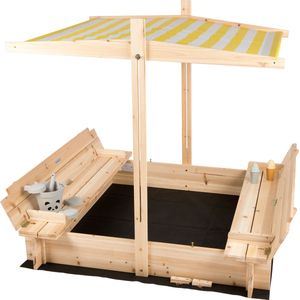 need&wants® zandbak met deksel, dakdeksel, bank en onderstel, zandbak houten vierkant afsluitbaar UV-zonwering met bank buitentuin voor kinderen, 120x120 cm, dennengeel wit bruin