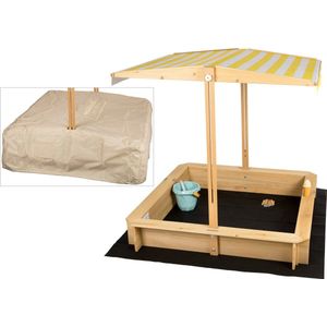 needs&wants® Zandbak met dak, zitbank en vloer, vliesfolie, met afdekking Oxford 600D, zandbak, hout, rechthoekig, met banken, outdoor, tuin, kinderen, uv-bescherming, 113 x 113 x 113 cm, geel, wit,