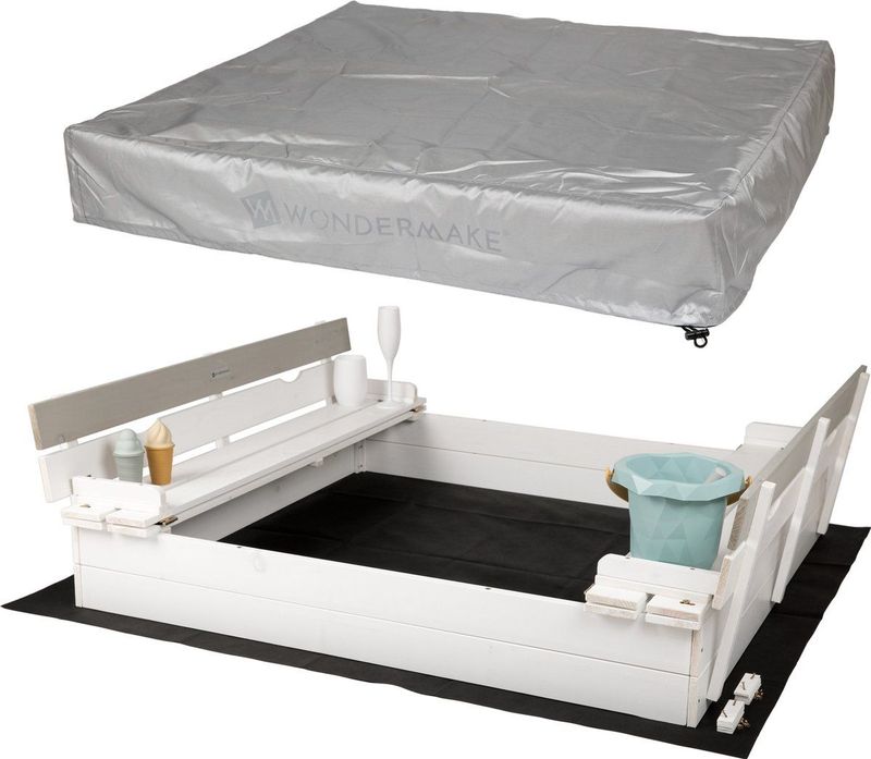 WONDERMAKE® Design Sandkasten mit Abdeckung Deckel Sitzbank und Boden, Sandkiste Holz quadratisch verschließbar mit Bank Outdoor Garten für Kinder, 120x120 cm, Tanne, weiß grau silber