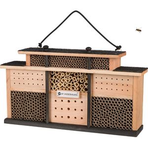 WONDERMAKE® Design Insectenhotel van eucalyptus hout met 7 kamers en terras, groot insectenhuis bijenhotel bijenhuis, hotel huis nestkast voor insecten, bruin zwart