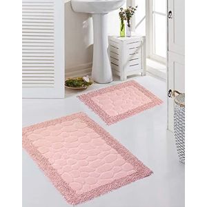 Badmat set steen design 2-delig antislip wasbaar - roze afmeting 50x60cm + 60x100cm