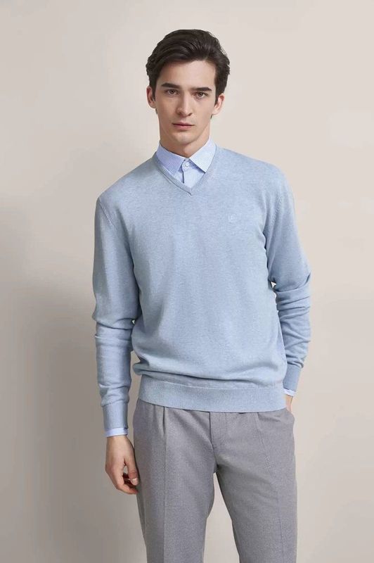 Gebreide Trui - Lichtblauw - Regular Fit - V-hals - Lange Mouwen