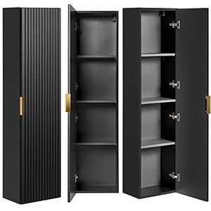 Lomadox Hochschrank ADELAIDE-56-BLACK Badmöbel 1-türig in matt schwarz gerillt, B/H/T: 35/140/25 cm