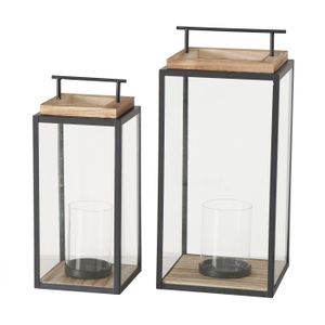 Boltze Home Lantaarn Damiano set a 2 stuks hout, metaal en glas H35cm en H45cm zwart Metaal Boltze Home Lantaarn