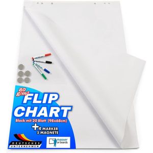 FLOORDIREKT Flipover Papier Accessoireset - Blanco Papier met 20 Vellen, 4 Markeerstiften, 5 Magneten - Basisuitrusting voor Flipcharts voor Kantoor, school of Thuis