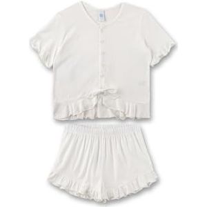 Sanetta Tieners meisjespyjama kort shorty ruches knoopsluiting modal, wit pebble, 128 cm