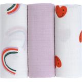 LÄSSIG Babydeken voor kinderopvang, 3 stuks, katoen, 60 x 60 cm, inbakeren en burp deken, M Happy Rascals lavendel