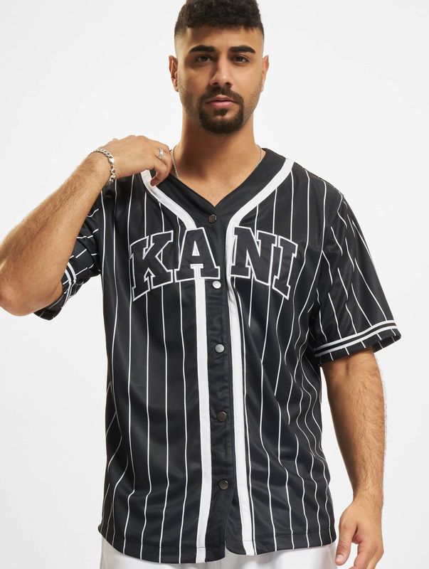 Karl Kani - Varsity Striped Baseball T-shirt - Zwart - Korte Mouwen - V-hals
