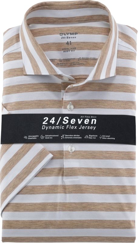 OLYMP 24/7 Level 5 body fit overhemd, korte mouw, tricot, natuur dessin