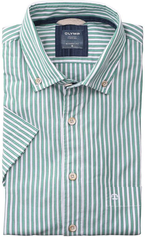 OLYMP - Casual Overhemd - Groen Gestreept - Popeline - Korte Mouw