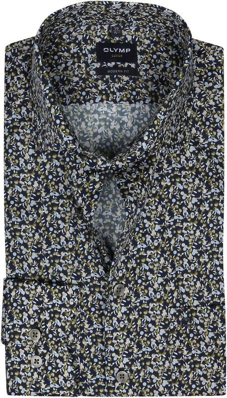 OLYMP Luxor modern fit overhemd - blauw met groen en wit dessin - Strijkvrij - Boordmaat: 41