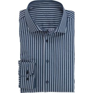 OLYMP - 24/7 Level 5 Body Fit Overhemd - Marineblauw Gestreept - Twill - Strijkvriendelijk