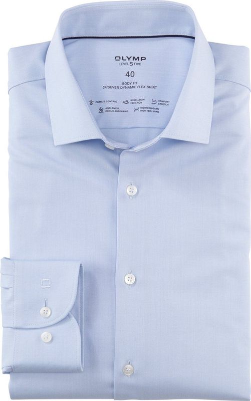 OLYMP - Blauw Effen Overhemd - Katoen/Polyester/Elastaan - Kent Kraag - Lange Mouwen