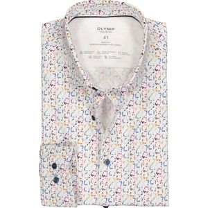 OLYMP 24/7 Level 5 Body Fit Overhemd - Tricot - Wit met Gekleurde Cirkels Dessin - Strijkvriendelijk