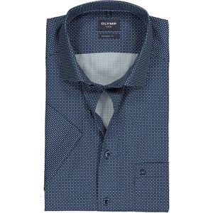 OLYMP - Modern Fit Overhemd - Donkerblauw/Wit - Poplin - Korte Mouwen