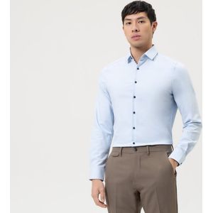 OLYMP - Blauw Effen Overhemd - Katoen/Polyester/Elastaan - Kent Kraag - Lange Mouwen