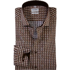 OLYMP Level 5 body fit overhemd, mouwlengte 7, popeline, bruin dessin