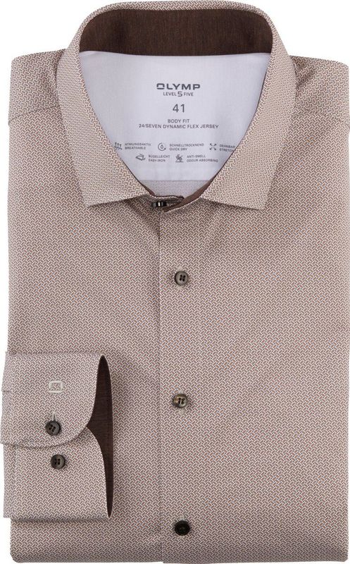 OLYMP - 24/7 Level 5 Body Fit Overhemd - Bruin Dessin - Tricot - Strijkvriendelijk