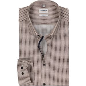 OLYMP Level 5 body fit overhemd, popeline, beige met blauw en wit dessin