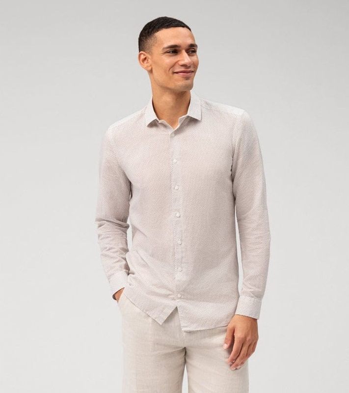 OLYMP Level Five Garment Washed Linnen Overhemd natuurlijk, Bedrukt