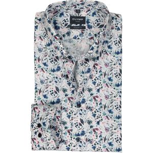 OLYMP - Modern Fit - Overhemd - Wit met Blauw en Roze Bloemen Dessin - Popeline