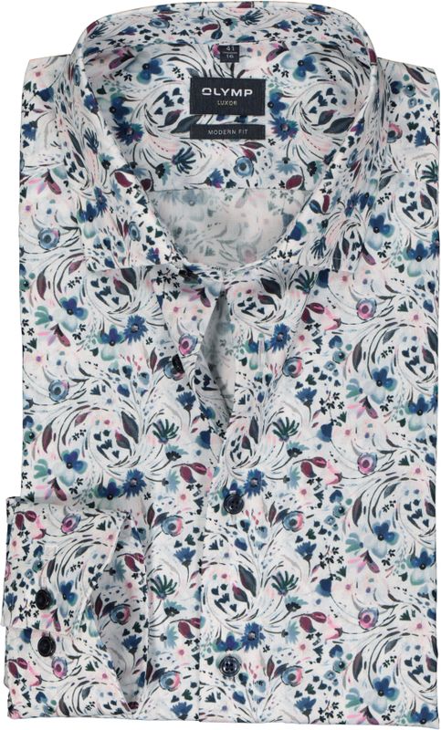 OLYMP - Modern Fit - Overhemd - Wit met Blauw en Roze Bloemen Dessin - Popeline