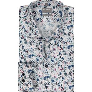 OLYMP - Overhemd - Wit met Blauw en Roze Bloemen - Poplin - Comfort Fit
